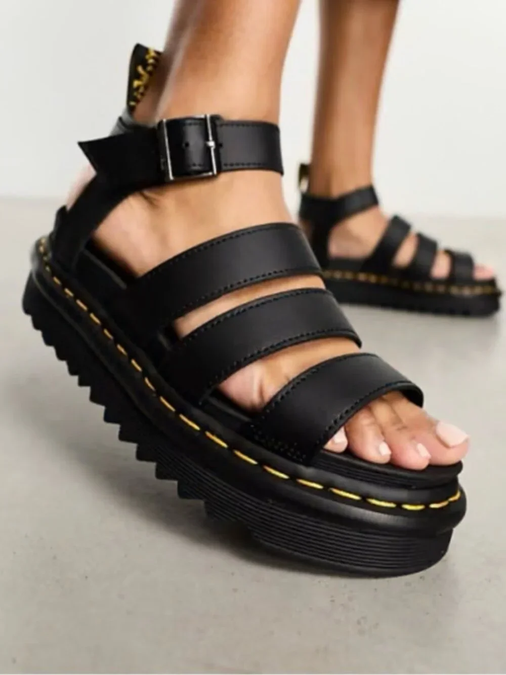 Dr. Martens Black Leather Platform Buckle Three Strap Chunky Sandals Blaire - Picture 1 of 8